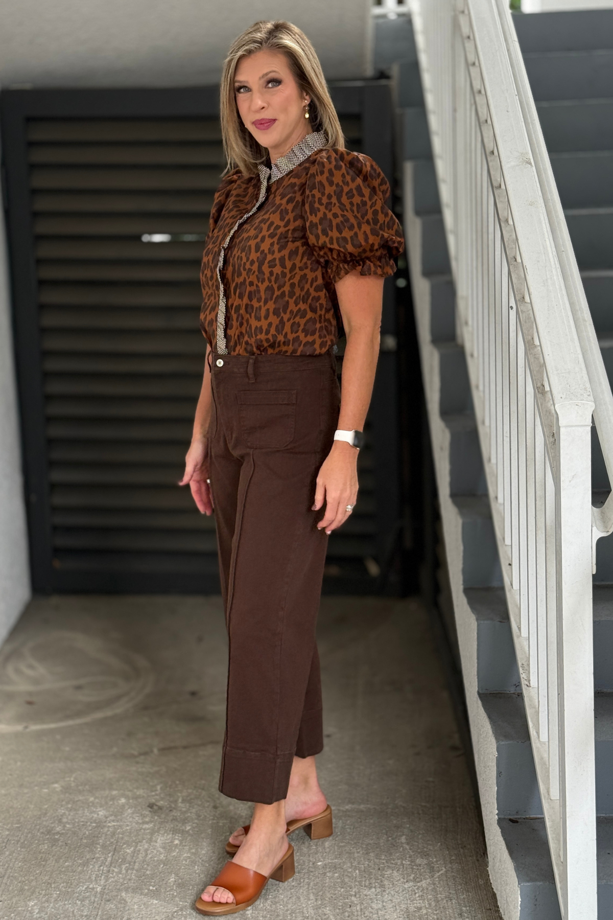 Brown Fall pants styled with leopard print blouse