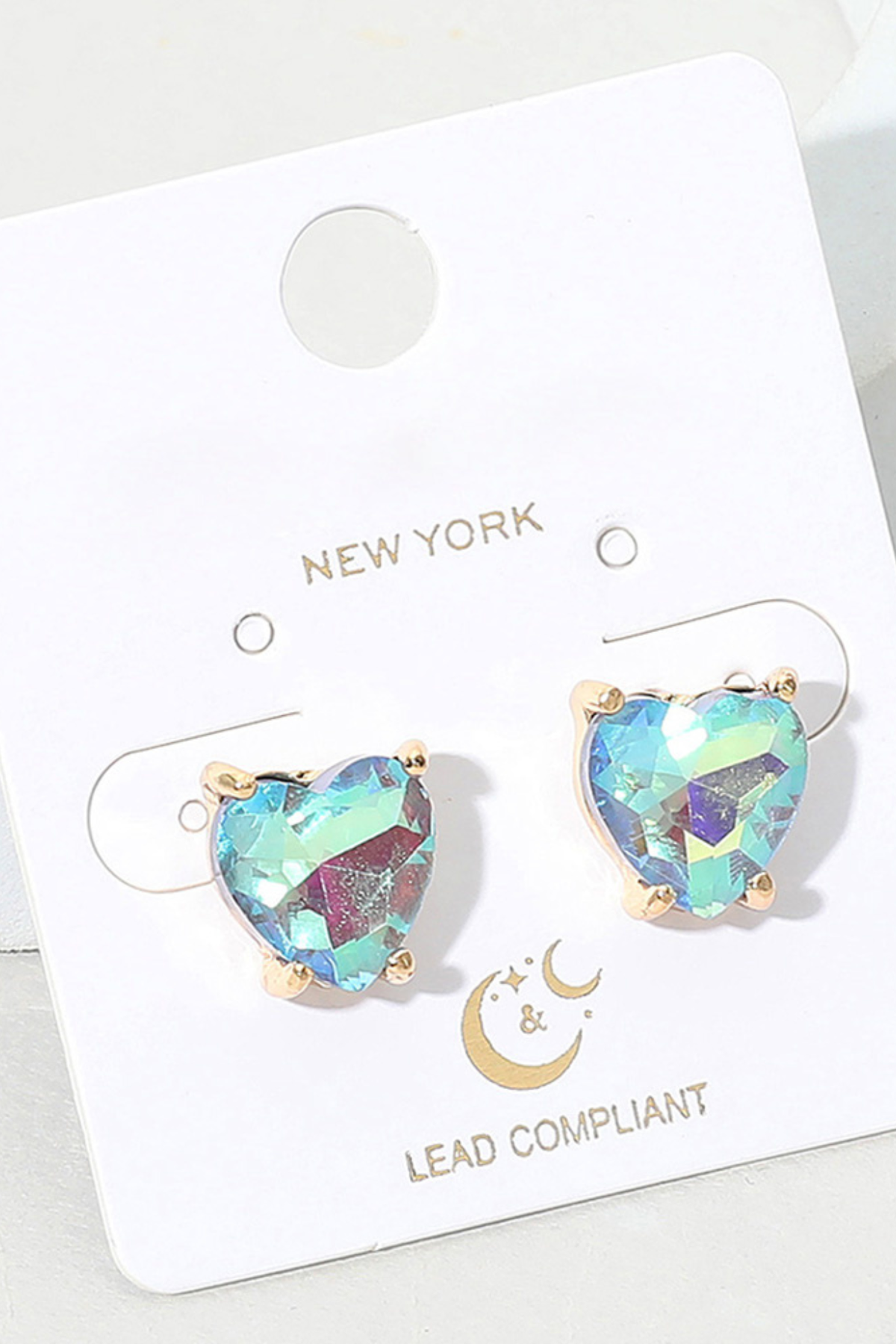 Aqua iridescent heart crystal stud earrings on display card