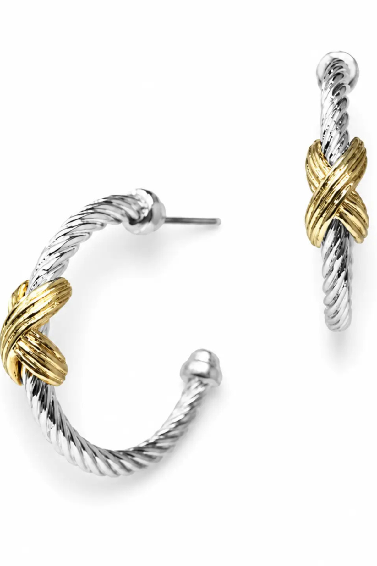 Gold forward twisted rope hoop earrings with silver knot detail