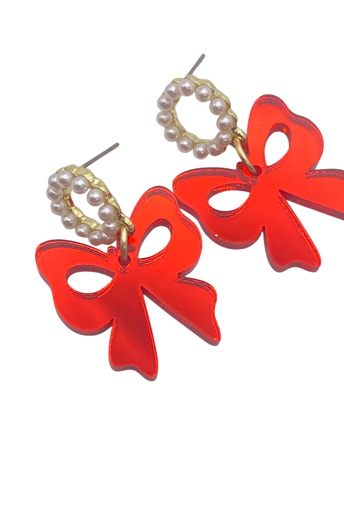 red mirror bow earrings with pearl stud