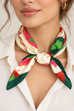 Christmas ornament print square bandana scarf in red green and pink