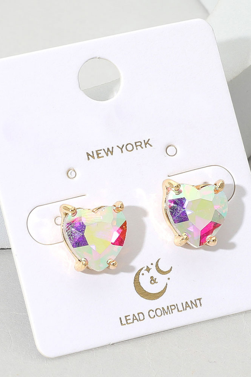 White iridescent crystal heart earrings on jewelry card
