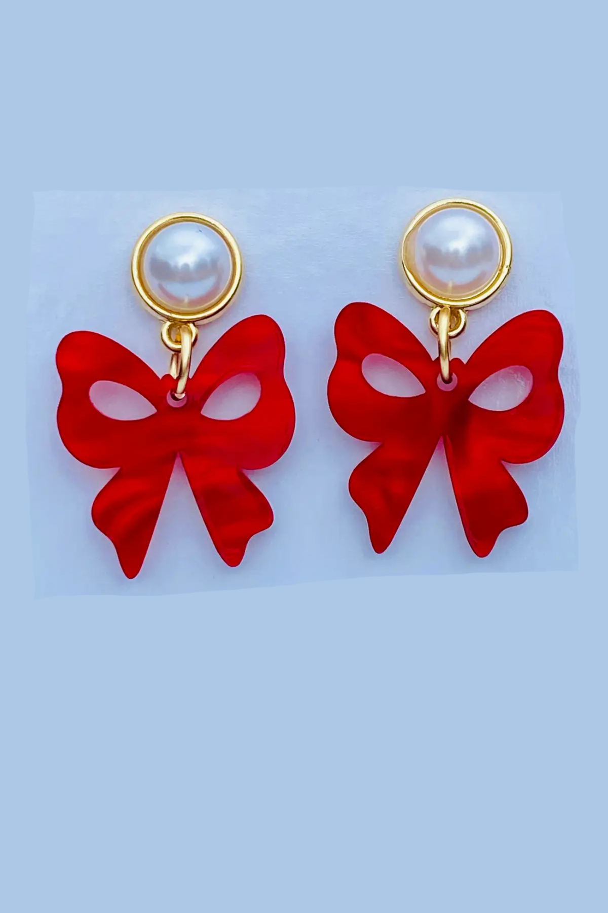 ruby red bow earrings with pearl stud