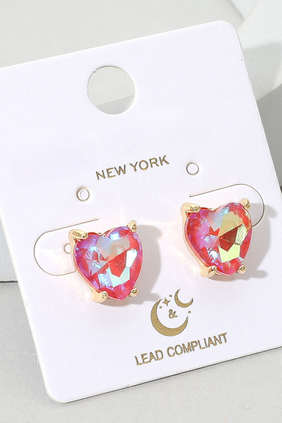 Pink rainbow-shine heart stud earrings for women