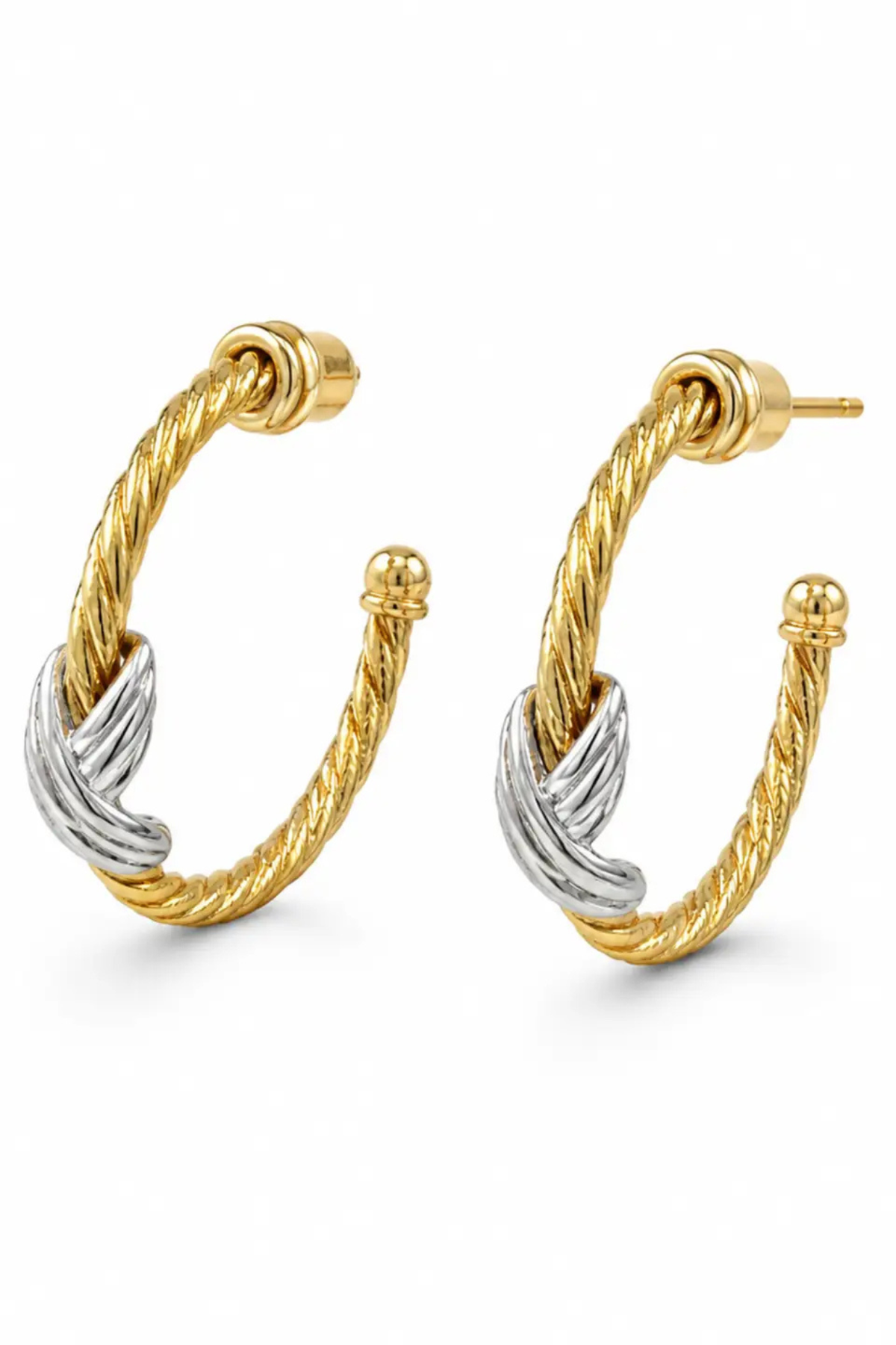Twist of Two Two-Tone Rope Hoop Earrings in Gold and Silver