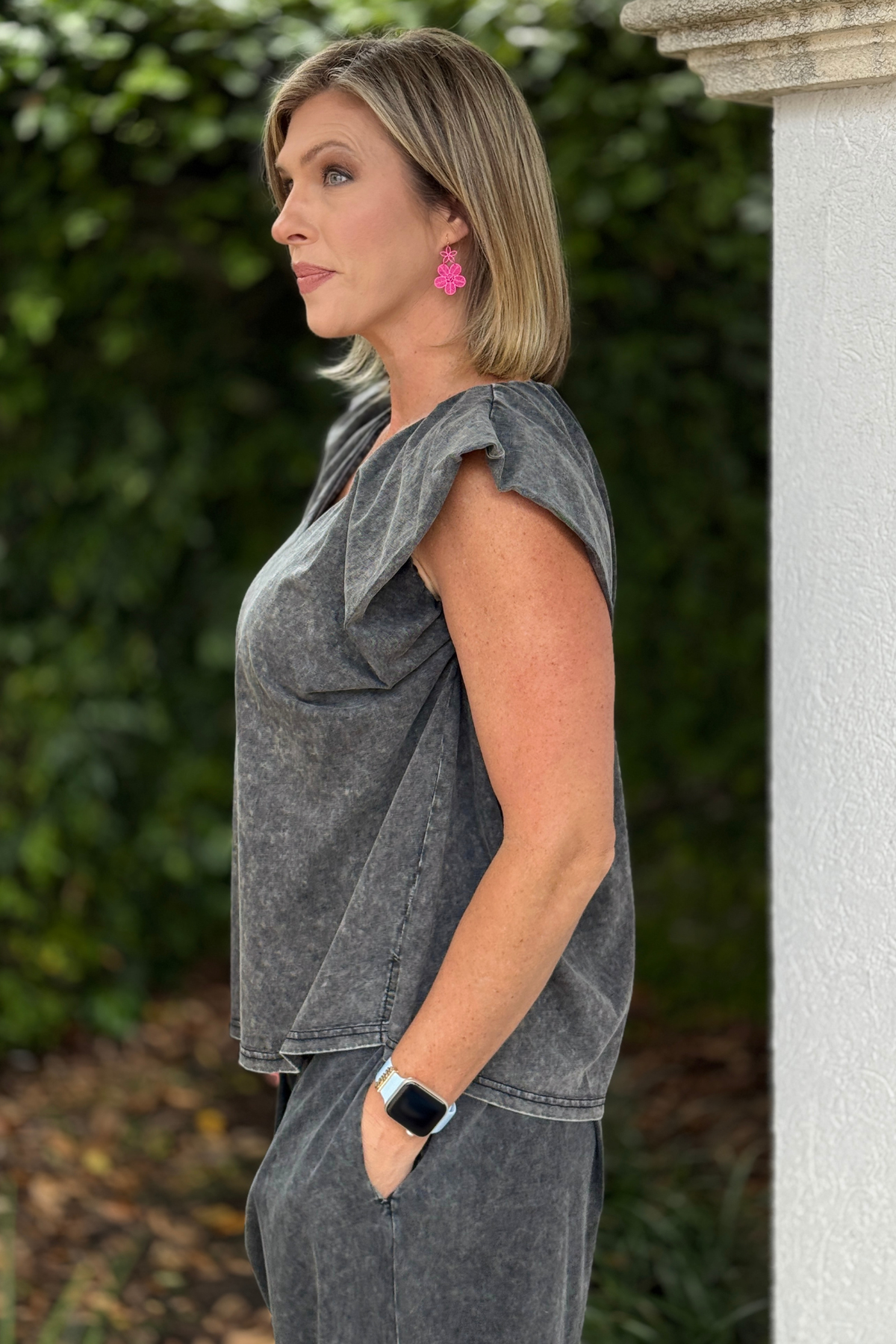 black mineral wash v neck top women