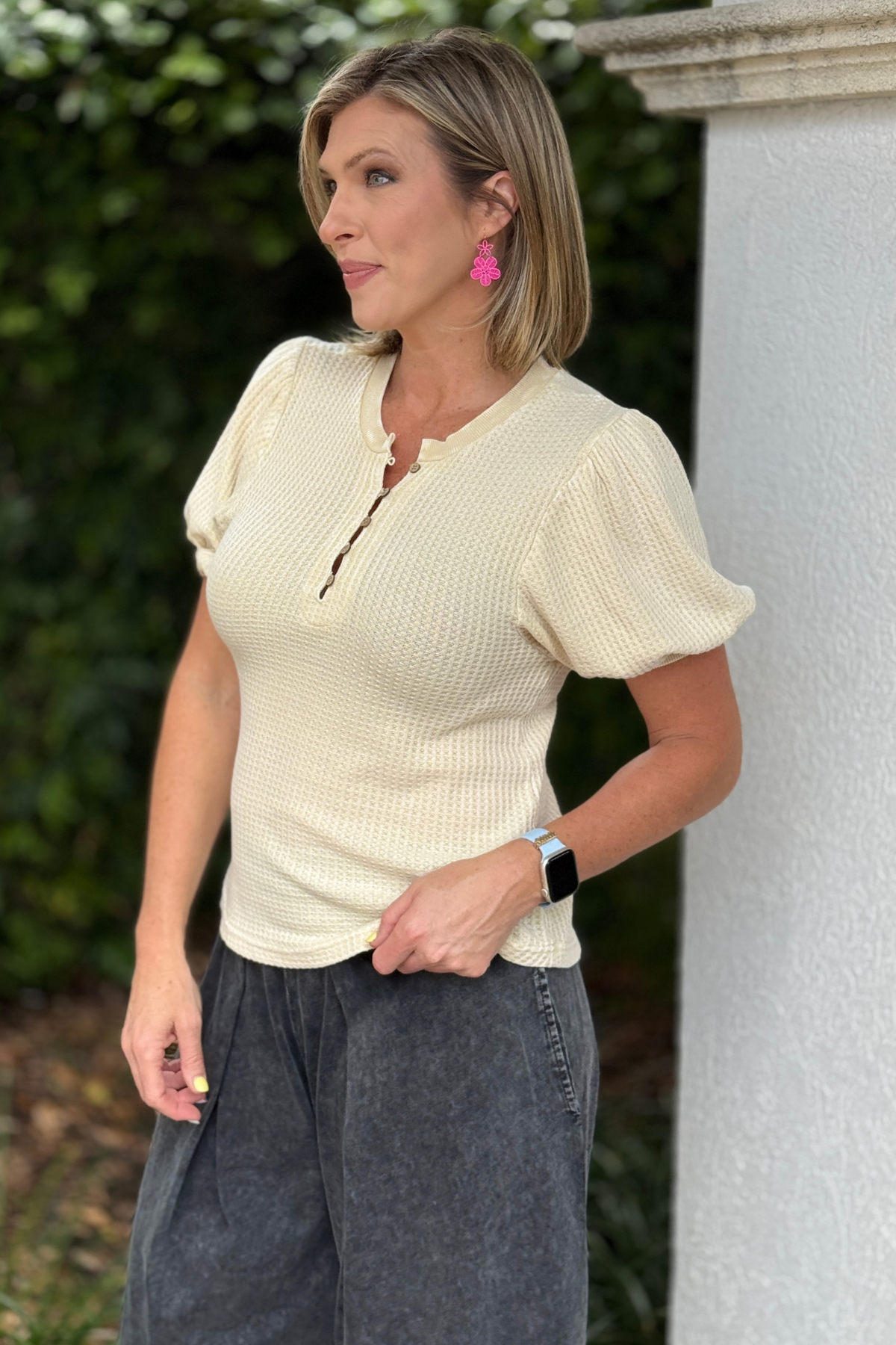 side view of waffle knit boutique top for women