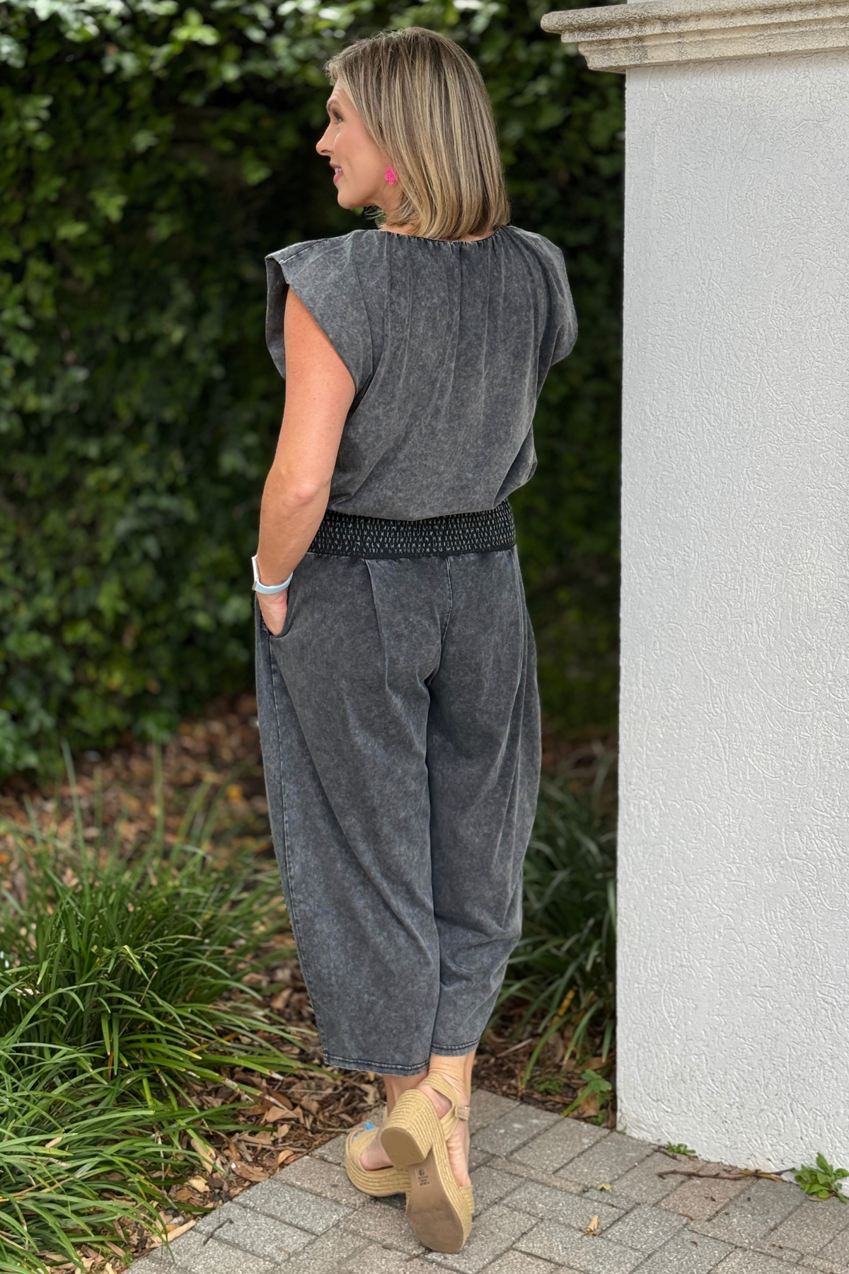black smocked waist relaxed fit pants women
