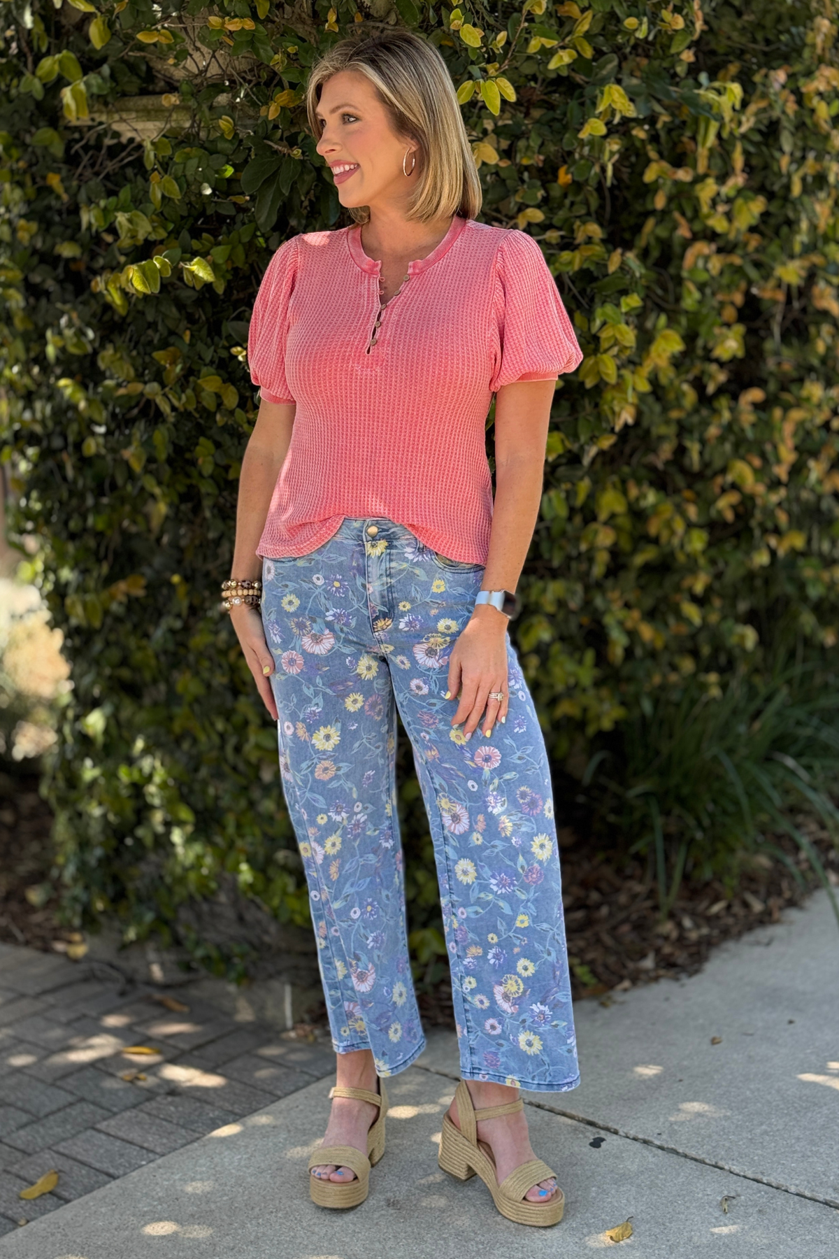 washed denim floral wide leg pants front view