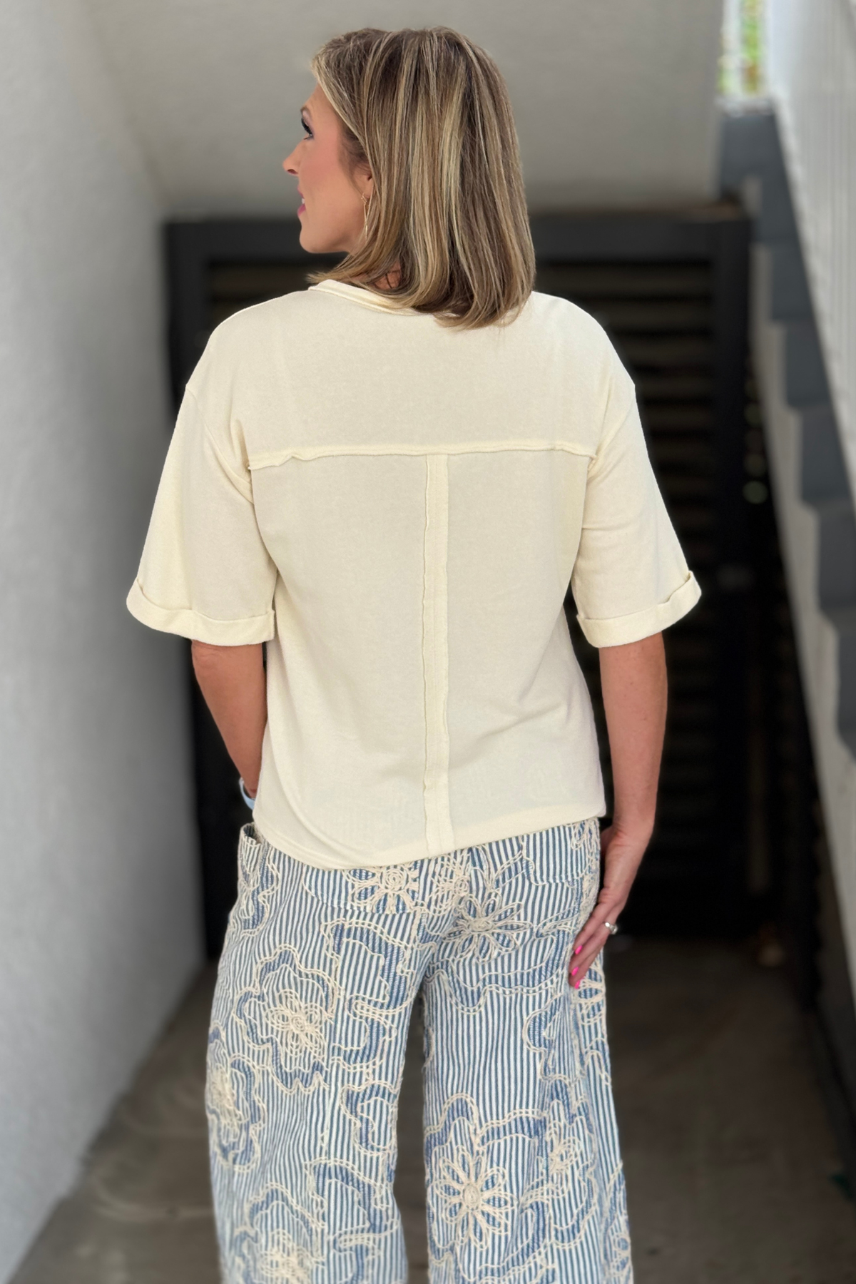 Casual oversized summer tee with floral patch front design