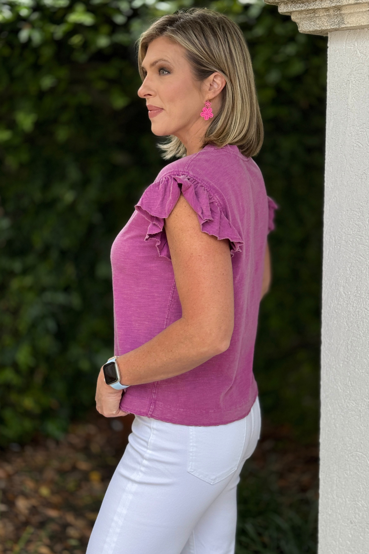 Casual orchid summer top styled with white jeans