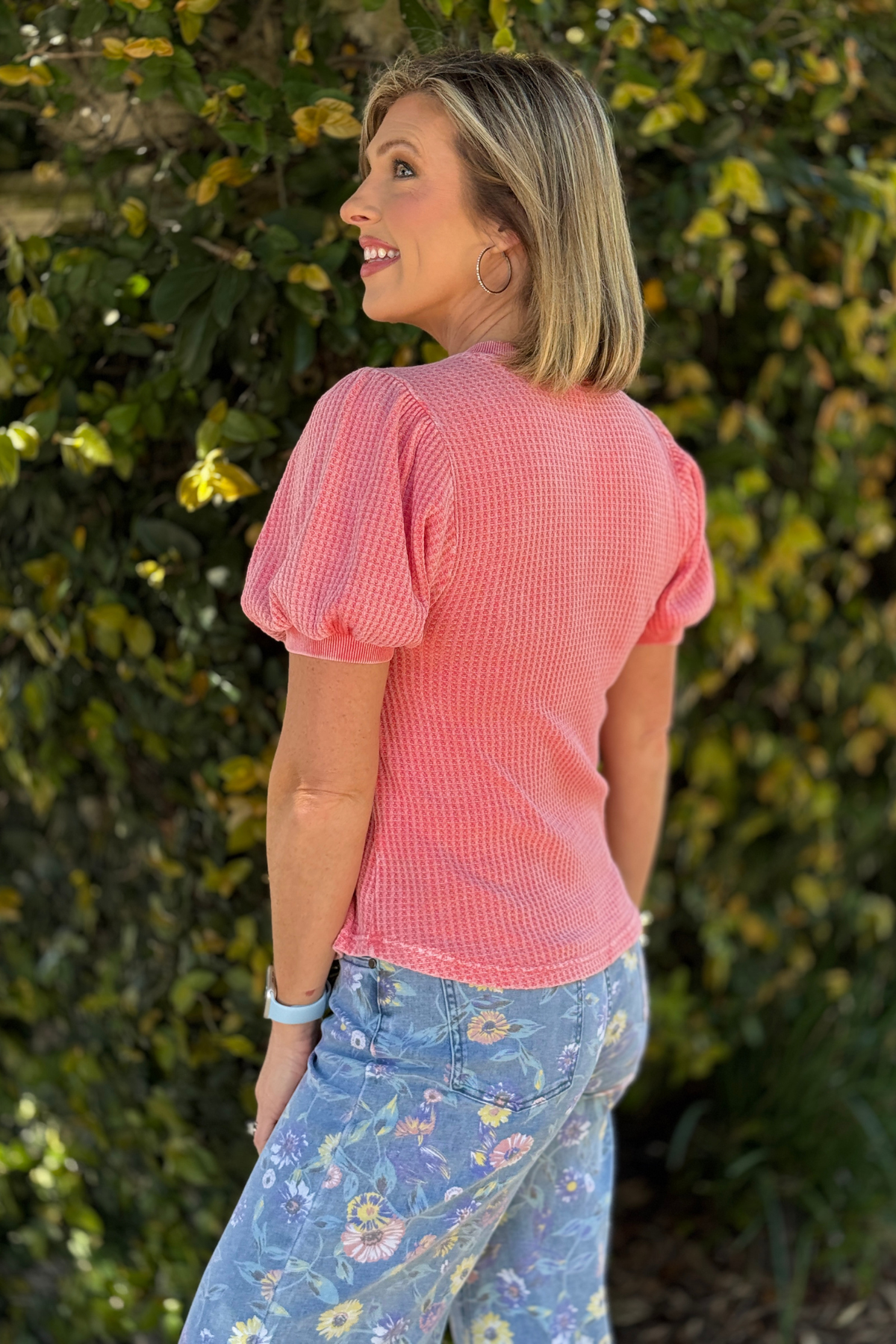 women’s coral waffle knit top relaxed fit front view