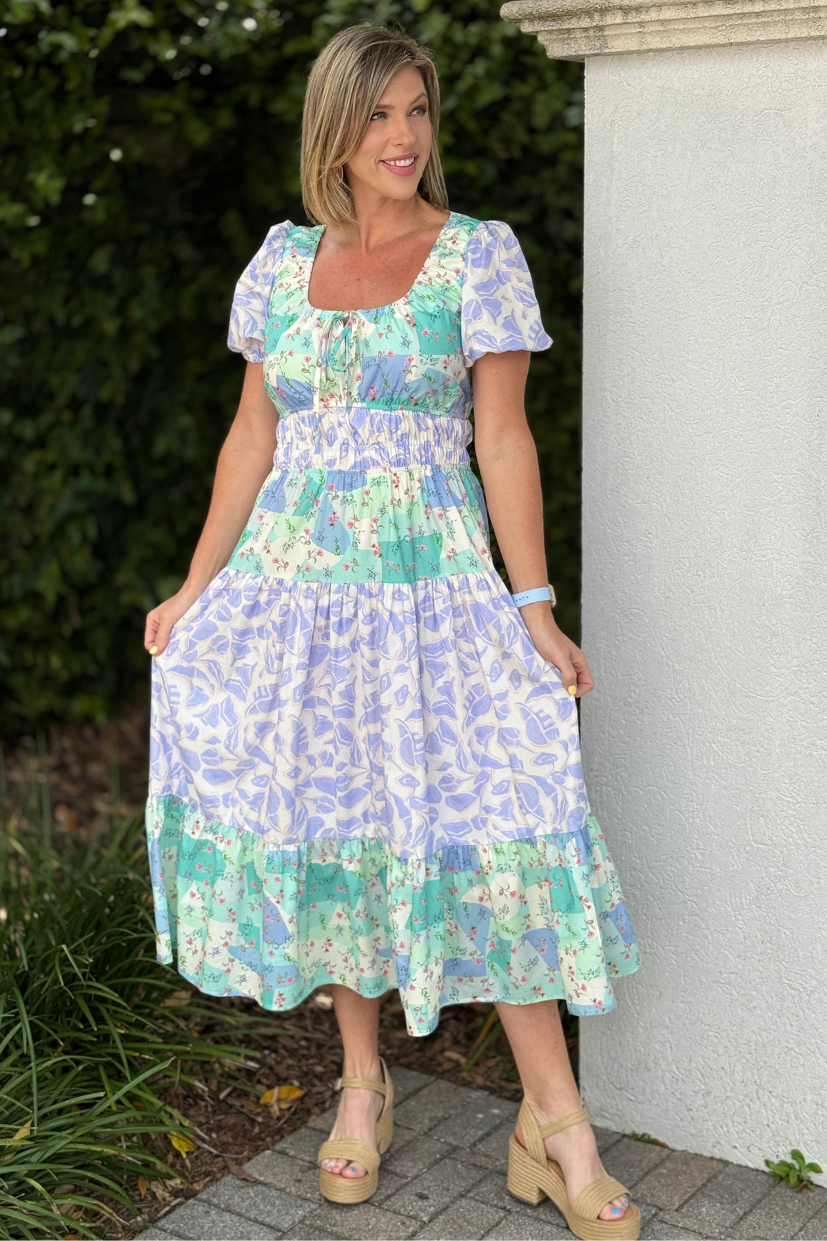 pastel mixed floral dress with cut out back