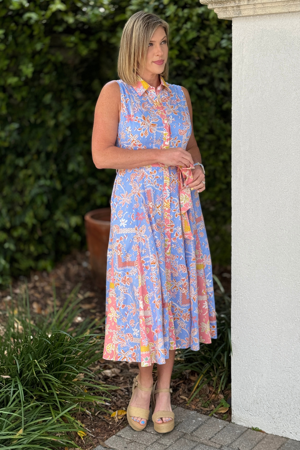 spring floral midi dress with tie waist and pockets
