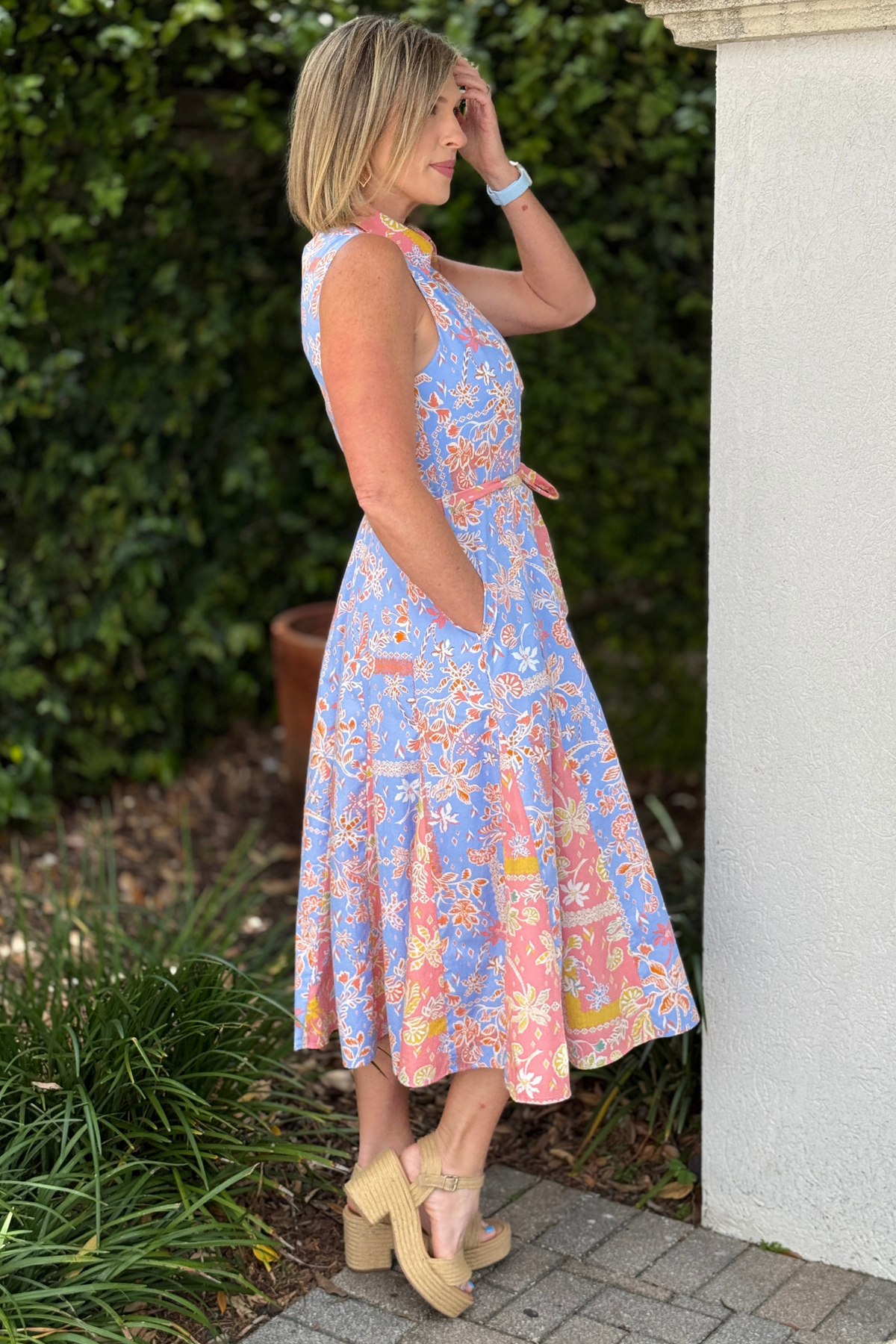 button down pastel floral midi dress boutique style
