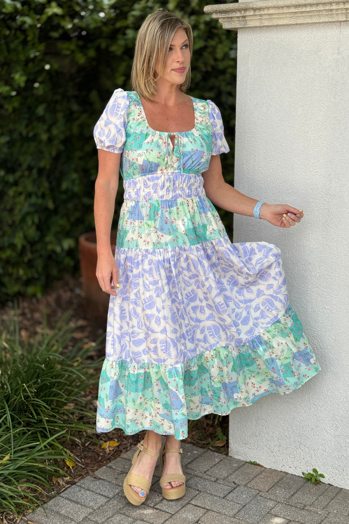 flowy floral brunch dress with smocked waist