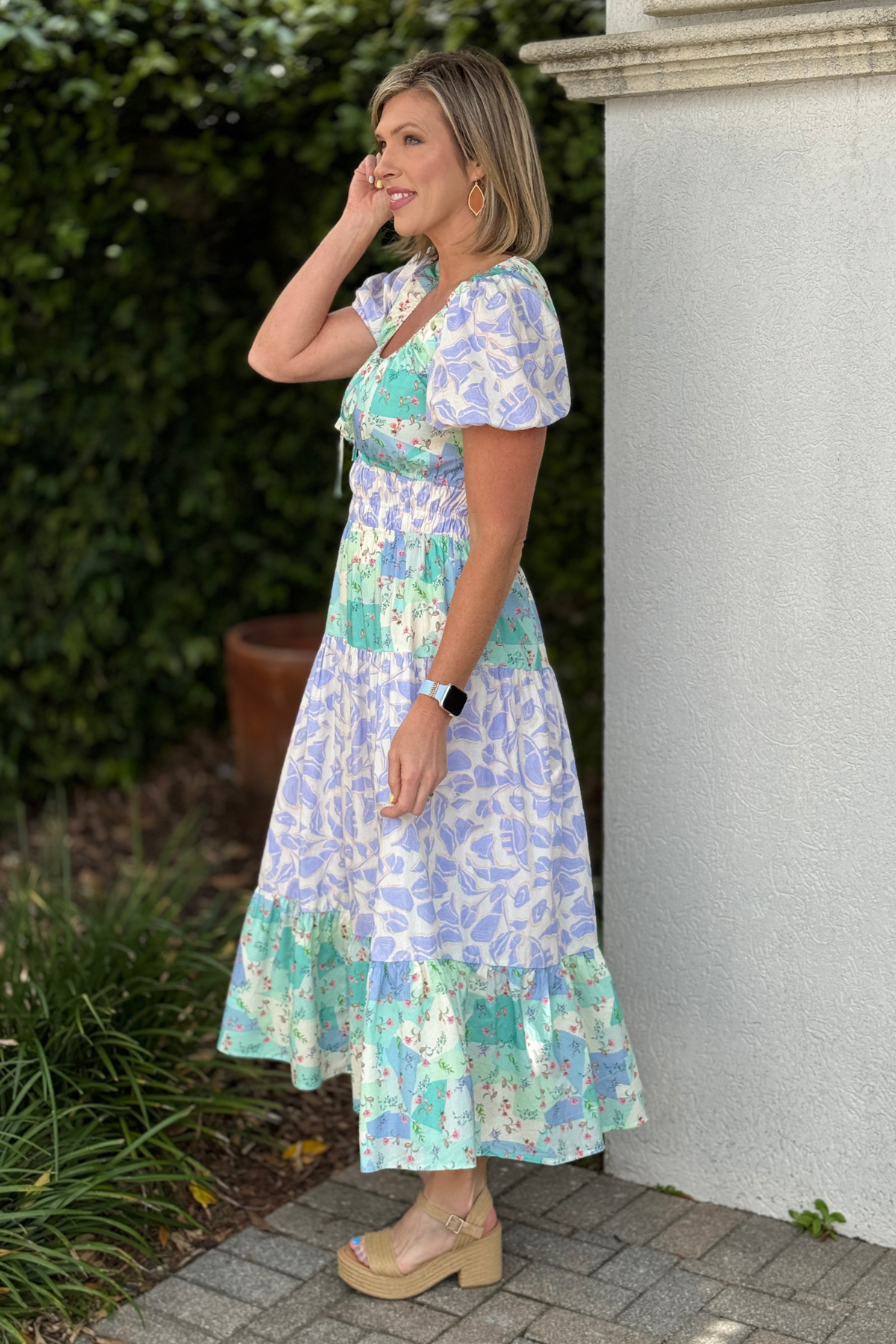 spring church dress with tiered skirt and keyhole neckline