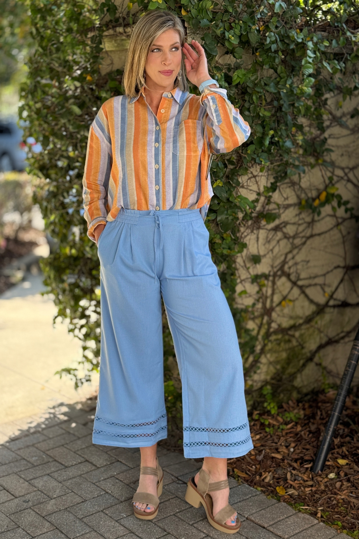 baby blue wide leg cropped pants women