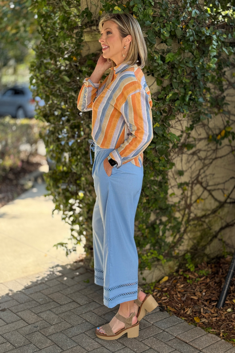 light blue linen wide leg pants with trim
