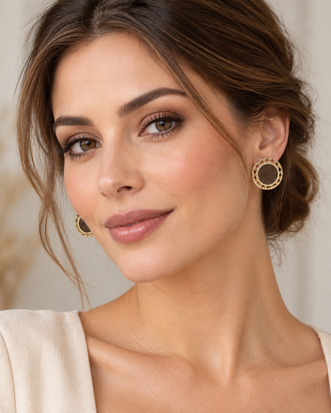 Framed Wood Circle Earrings – Brown & Gold