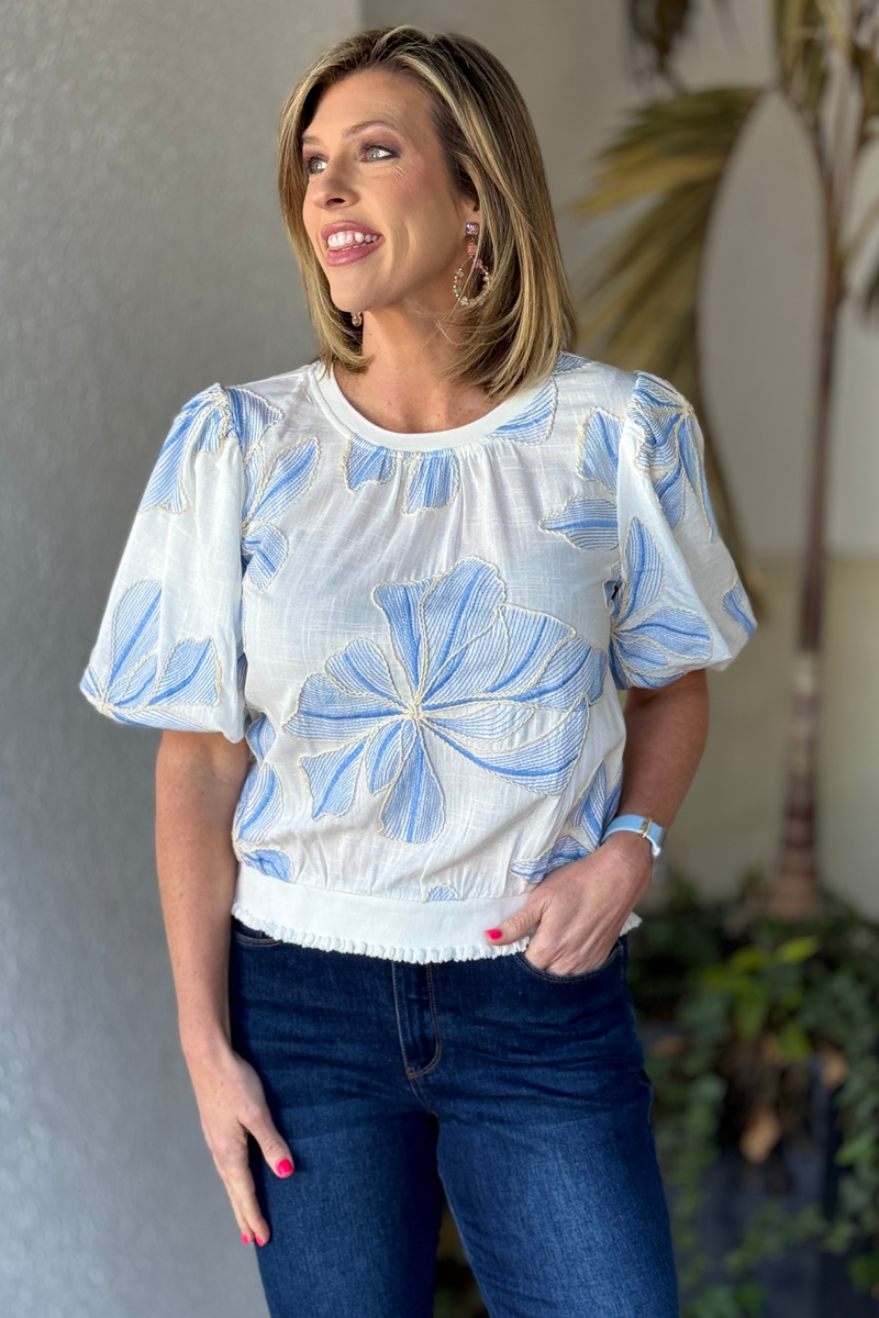 Spring 2026 blue and ivory embroidered women’s top