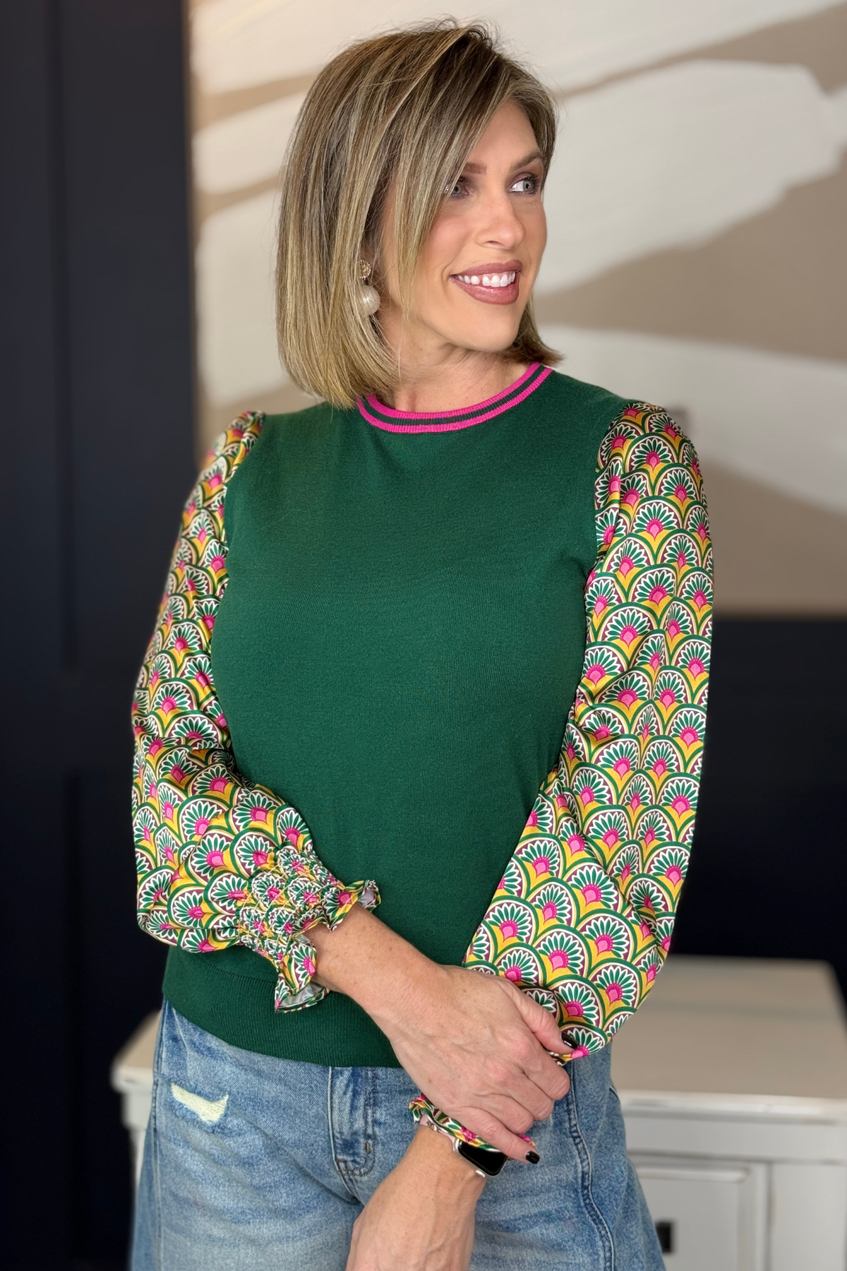 Floral patchwork puff sleeve sweater with shirred cuffs and green knit body