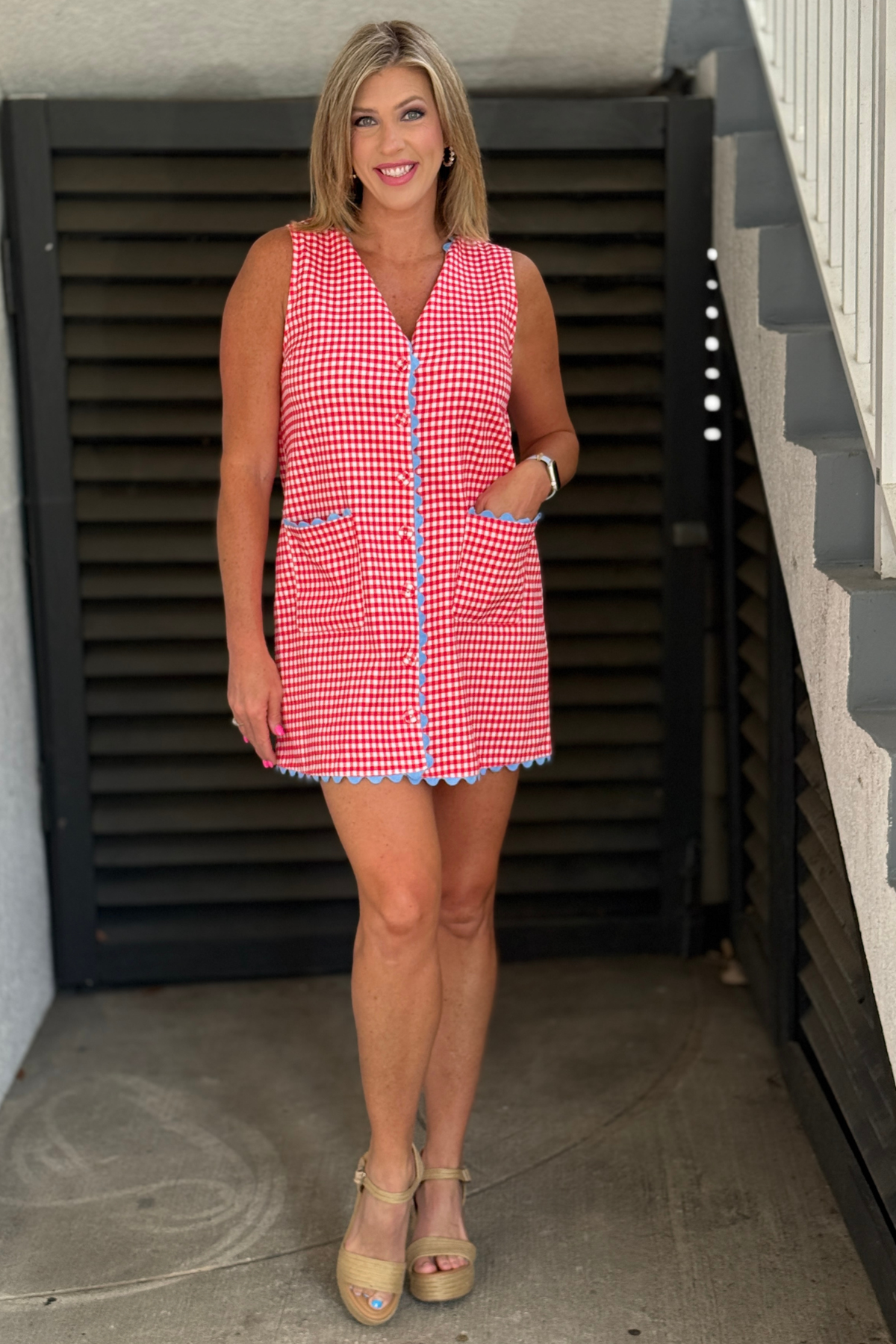 Cute red checkered dress with front pockets