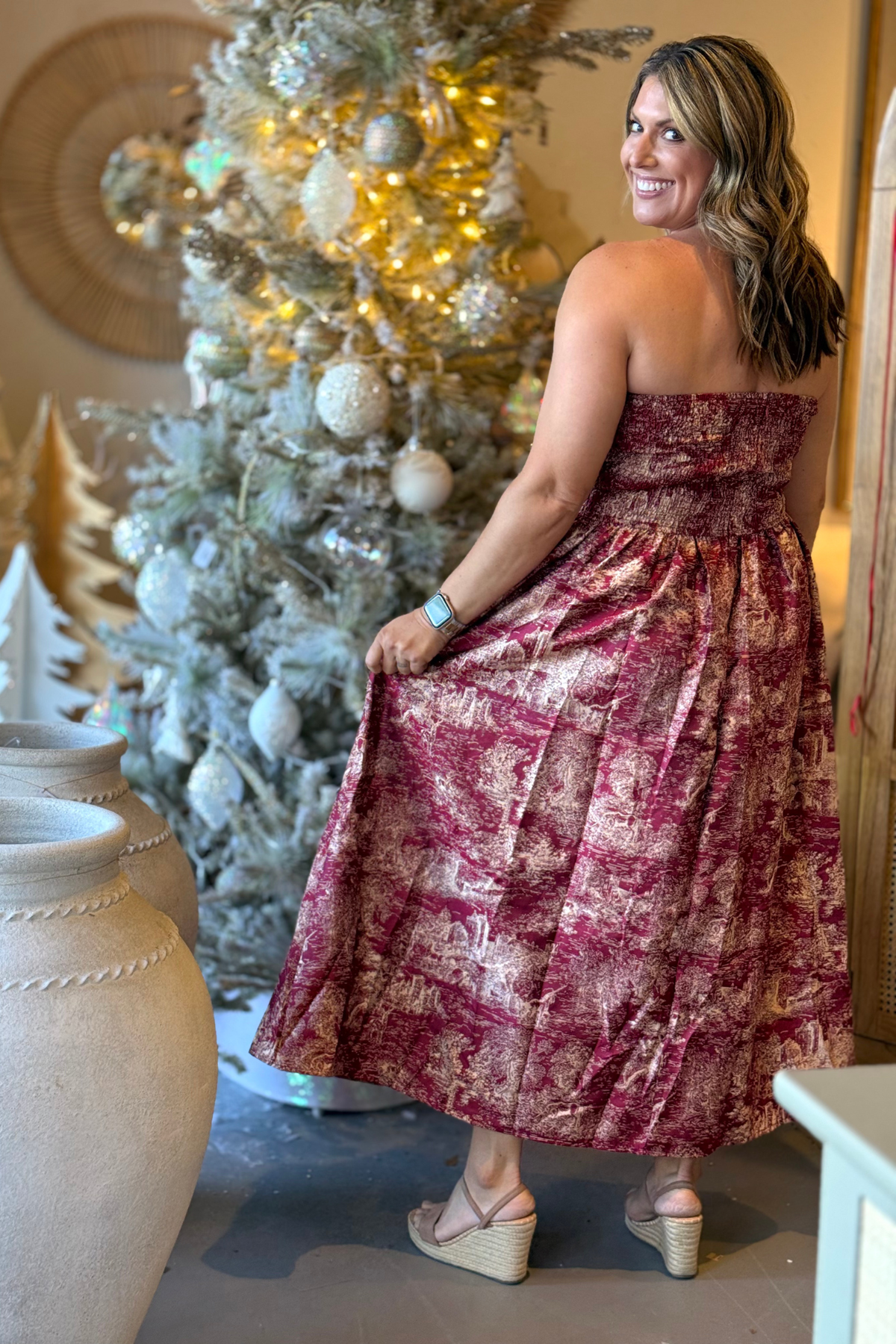 Toile Jacquard Strapless Midi Dress | Holiday Party Dress Women's Clothing Boutique | The Pink Nickel Toile Jacquard Strapless Midi Dress | Holiday Party Dress Women's Clothing Boutique | The Pink Nickel