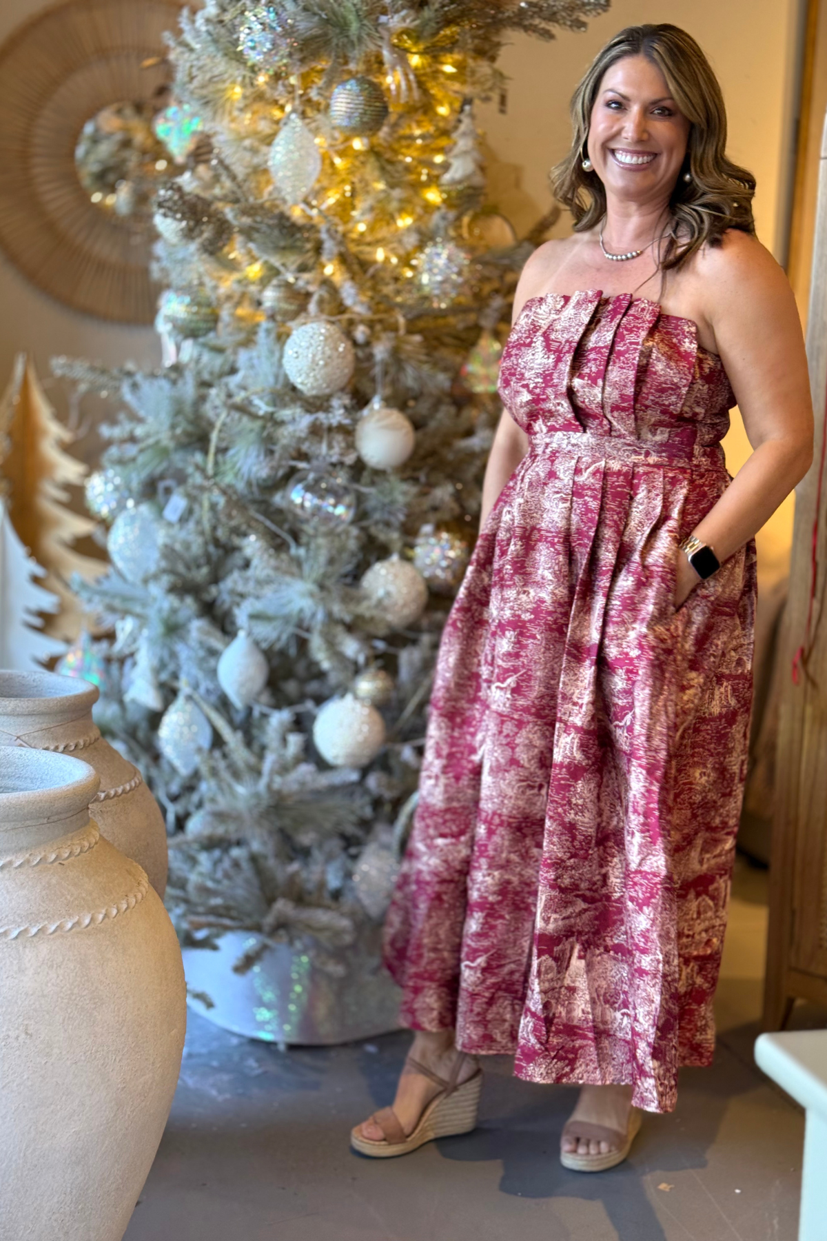 christmas midi dress Toile Jacquard Strapless Midi Dress | Holiday Party Dress – Women's Clothing Boutique