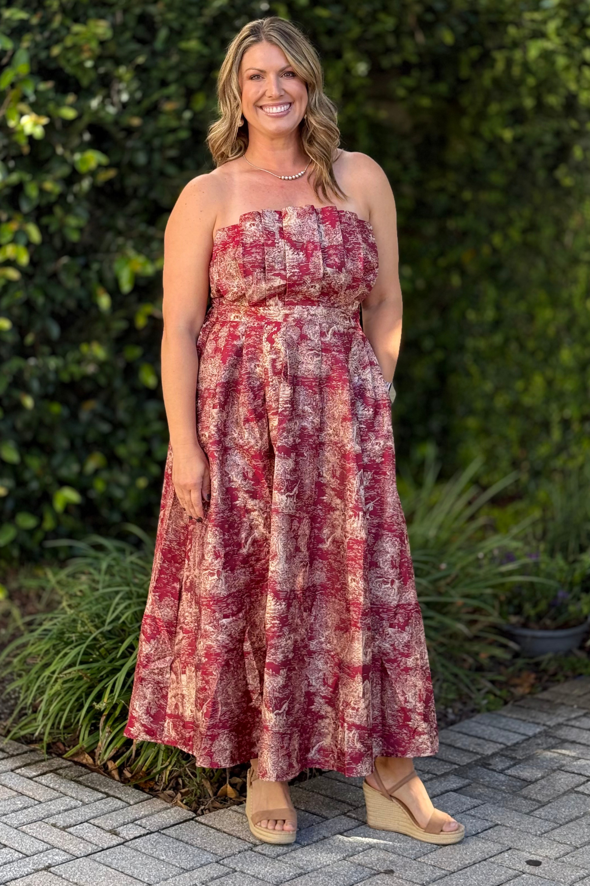Toile Jacquard Strapless Midi Dress | Holiday Party Dress Women's Clothing Boutique | The Pink Nickel Toile Jacquard Strapless Midi Dress | Holiday Party Dress Women's Clothing Boutique | The Pink Nickel
