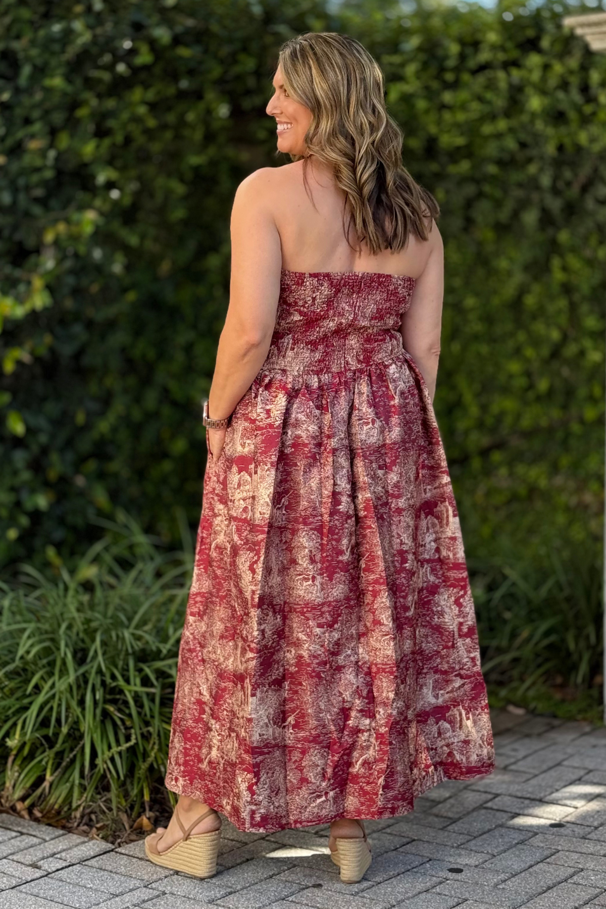 Toile Jacquard Strapless Midi Dress | Holiday Party Dress Women's Clothing Boutique | The Pink Nickel Toile Jacquard Strapless Midi Dress | Holiday Party Dress Women's Clothing Boutique | The Pink Nickel