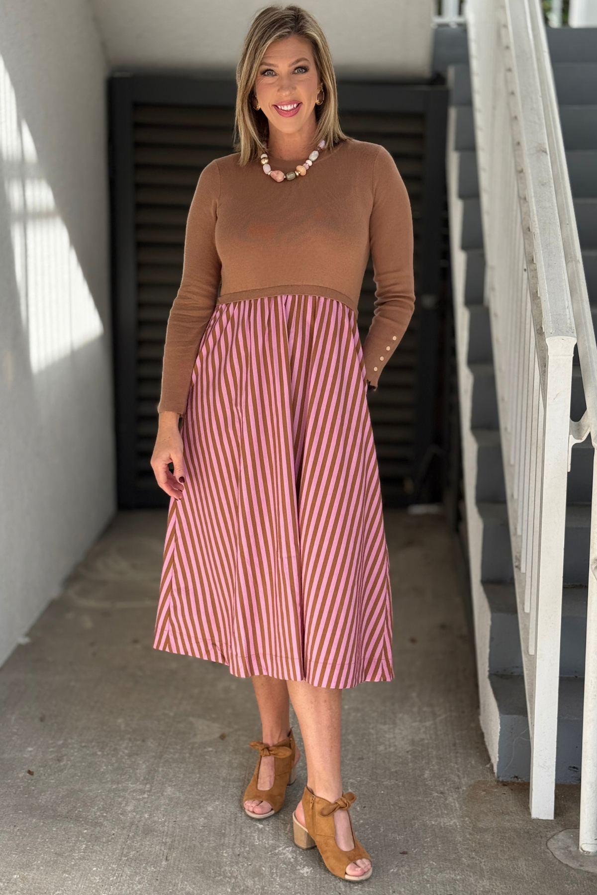 Camel knit bodice pink stripe midi dress