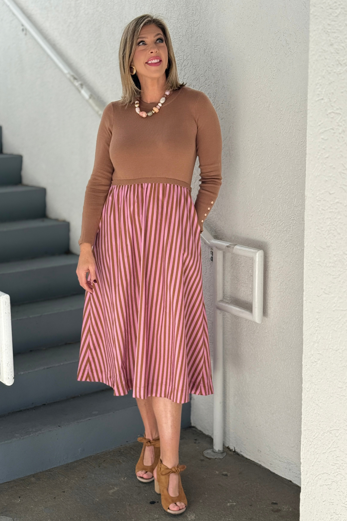 Long sleeve camel and pink striped midi dress