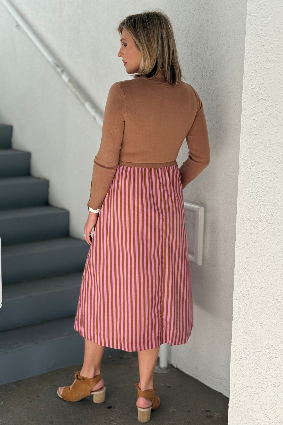 Camel and pink boutique midi dress with side pockets