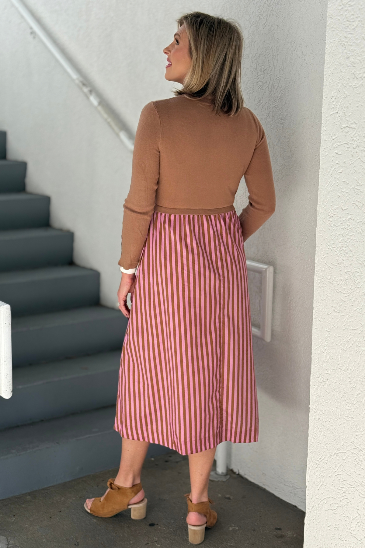 Striped midi dress with solid camel sweater top