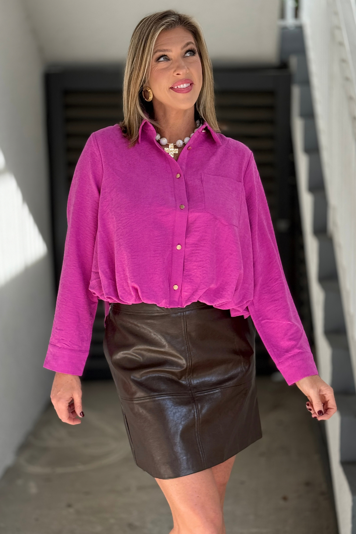 Falling for Orchid Button Down Top front view