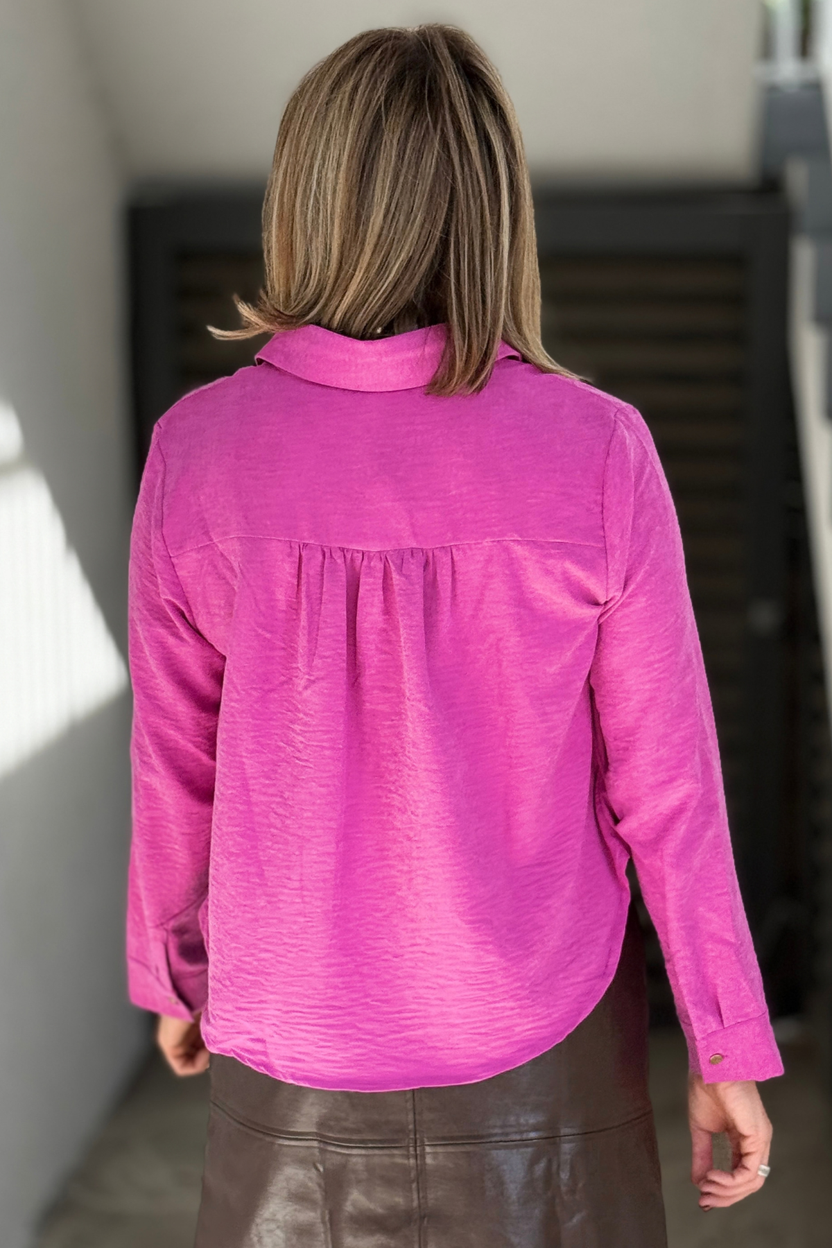 Orchid button front blouse with chest pocket