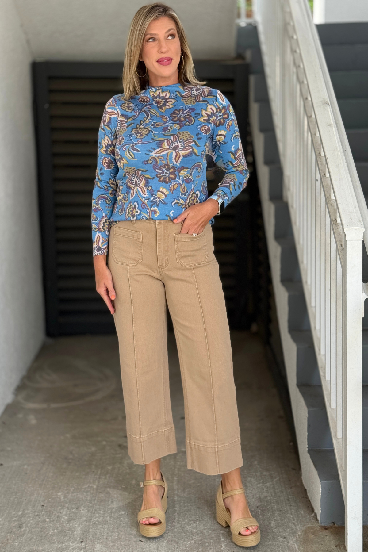 Women's camel wide leg pants with front seam detail