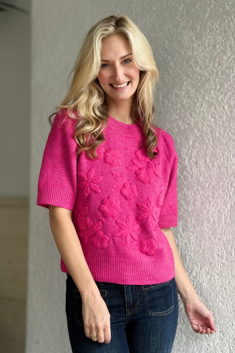 Close-up of 3D floral detailing on pink knit sweater