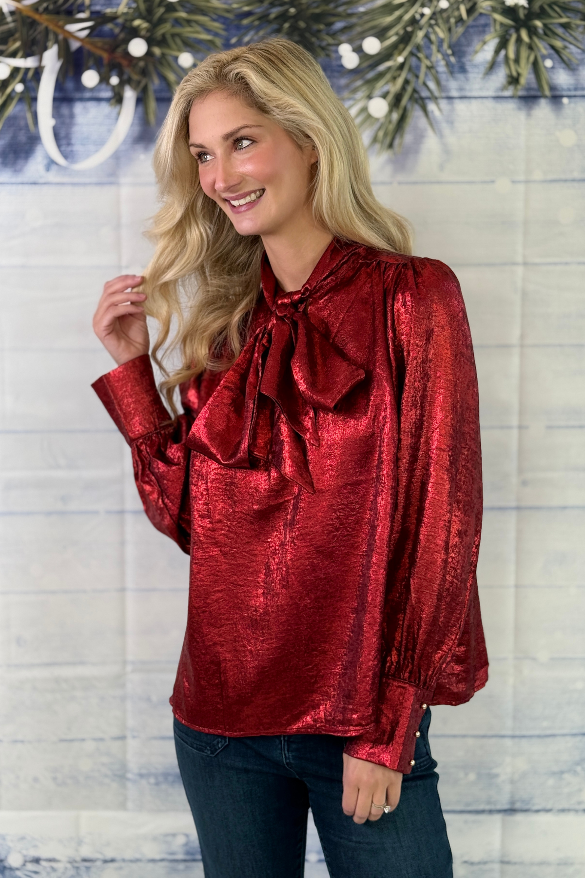 Women's red metallic tie-neck holiday blouse