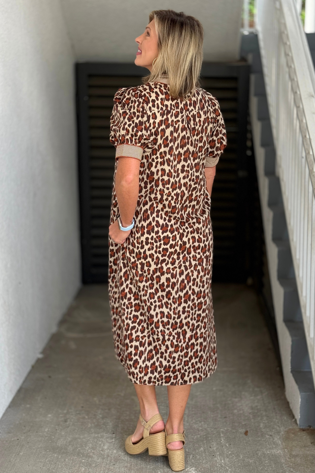 Ecru animal print puff sleeve midi dress