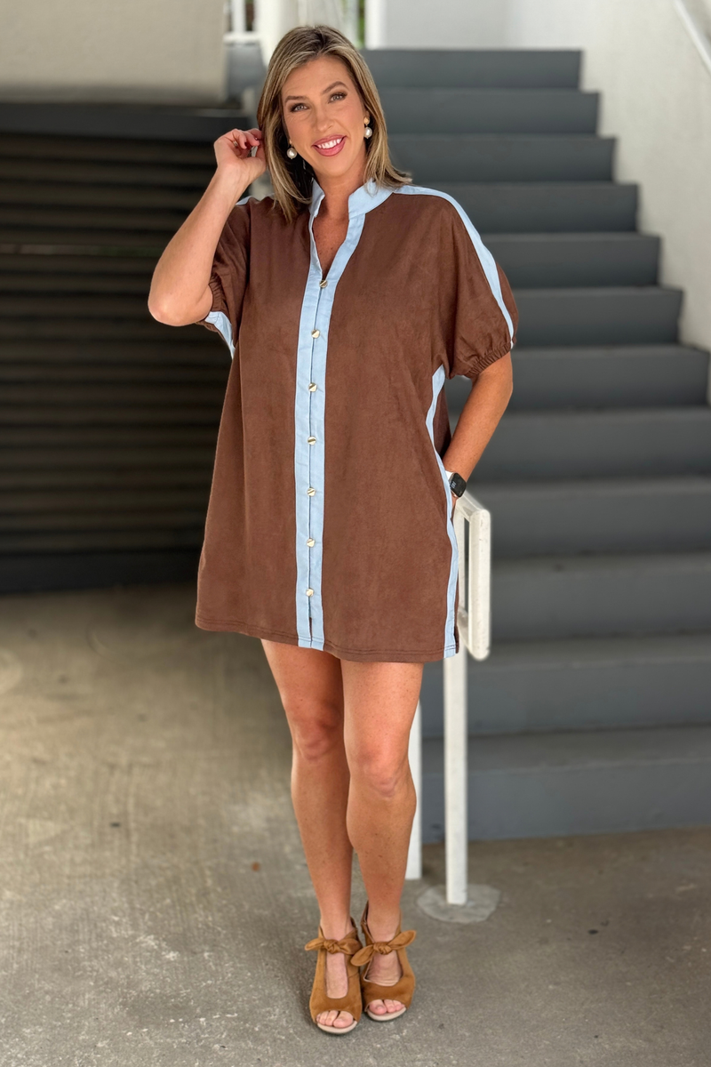 Women’s brown and blue button front mini dress with pockets