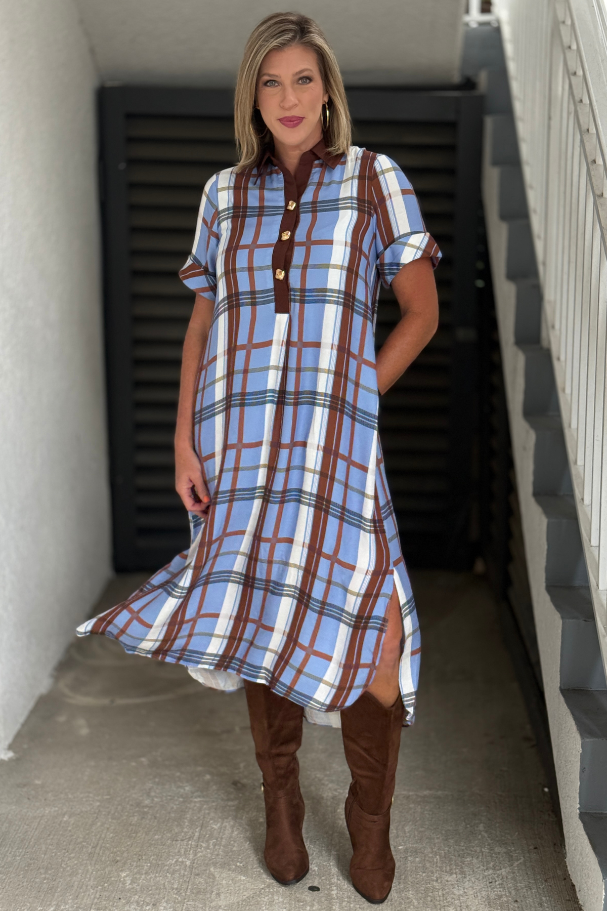 Chocolate Sky Plaid Midi Dress | Blue & Brown Plaid Dress – Women's Clothing Boutique