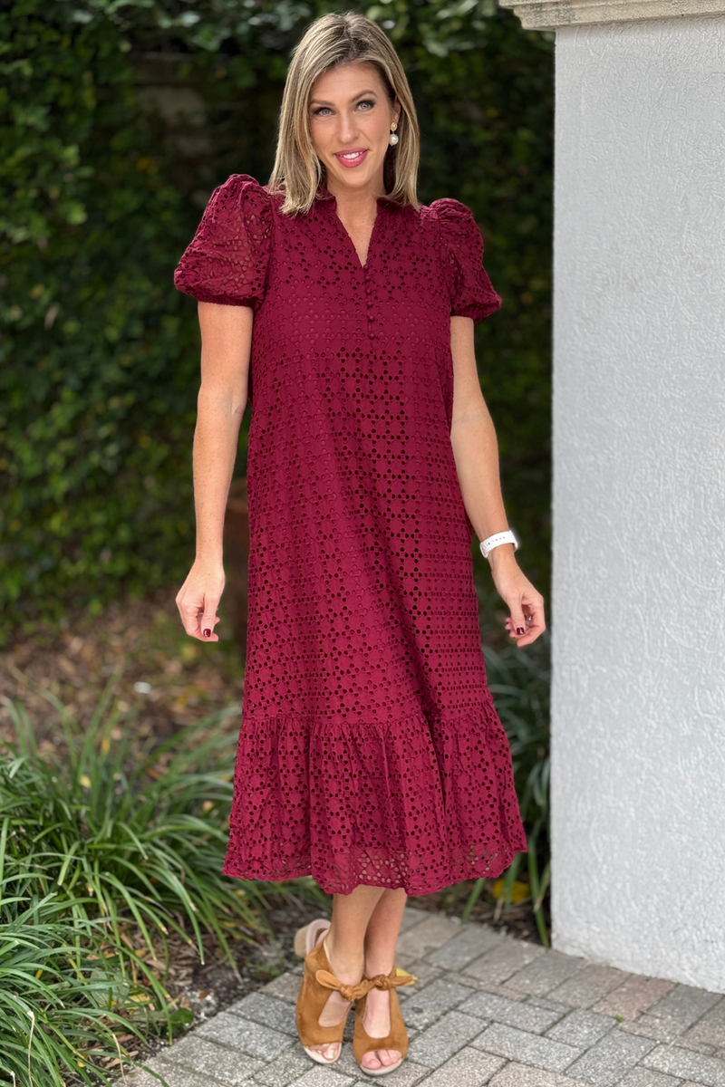 Cranberry eyelet holiday midi dress with ruffled mock neck and side pockets  
