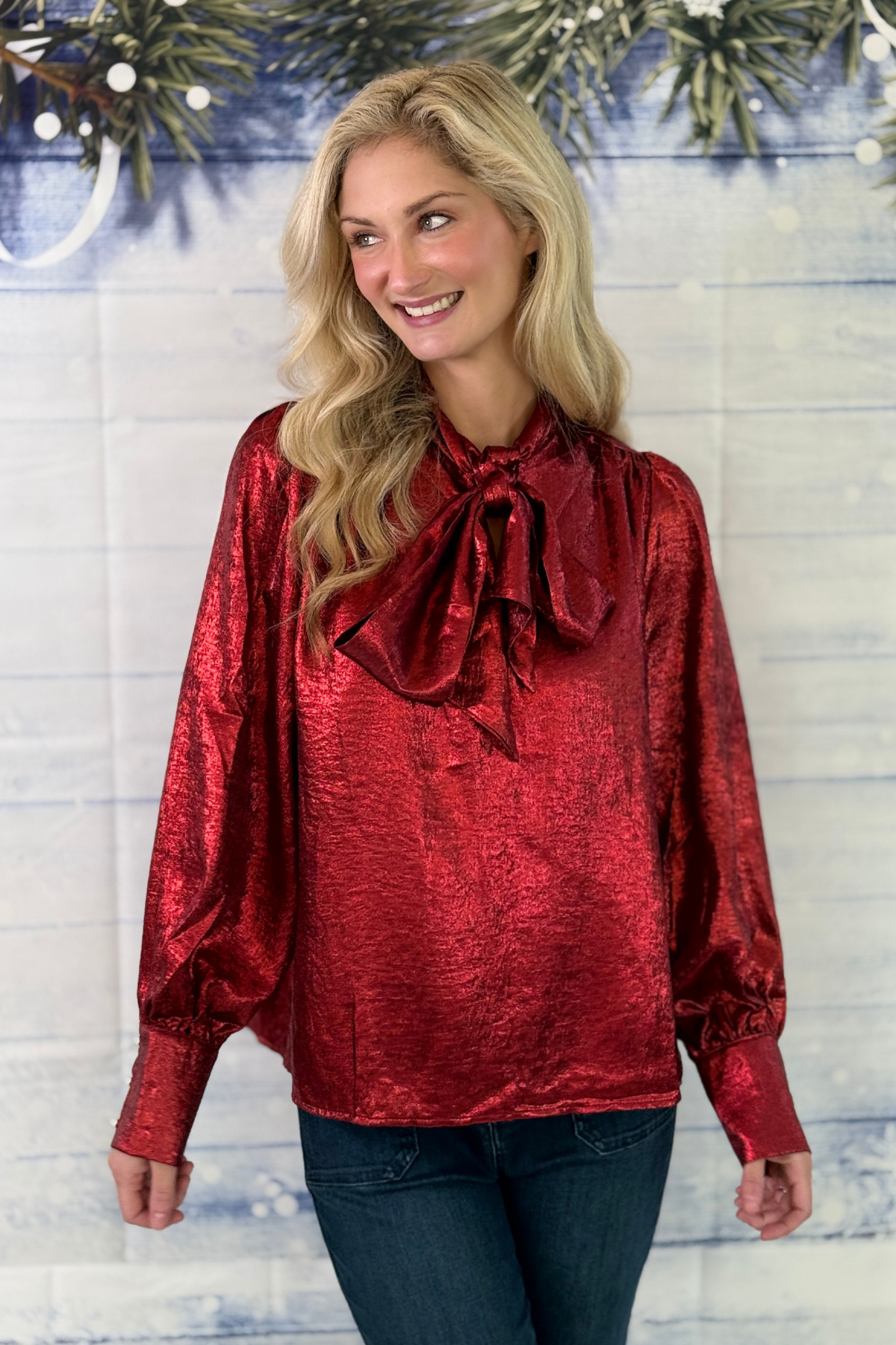 Cranberry metallic Christmas blouse with bow neckline