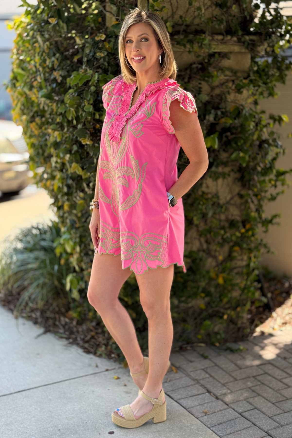 boutique embroidered dress with smocked v neck