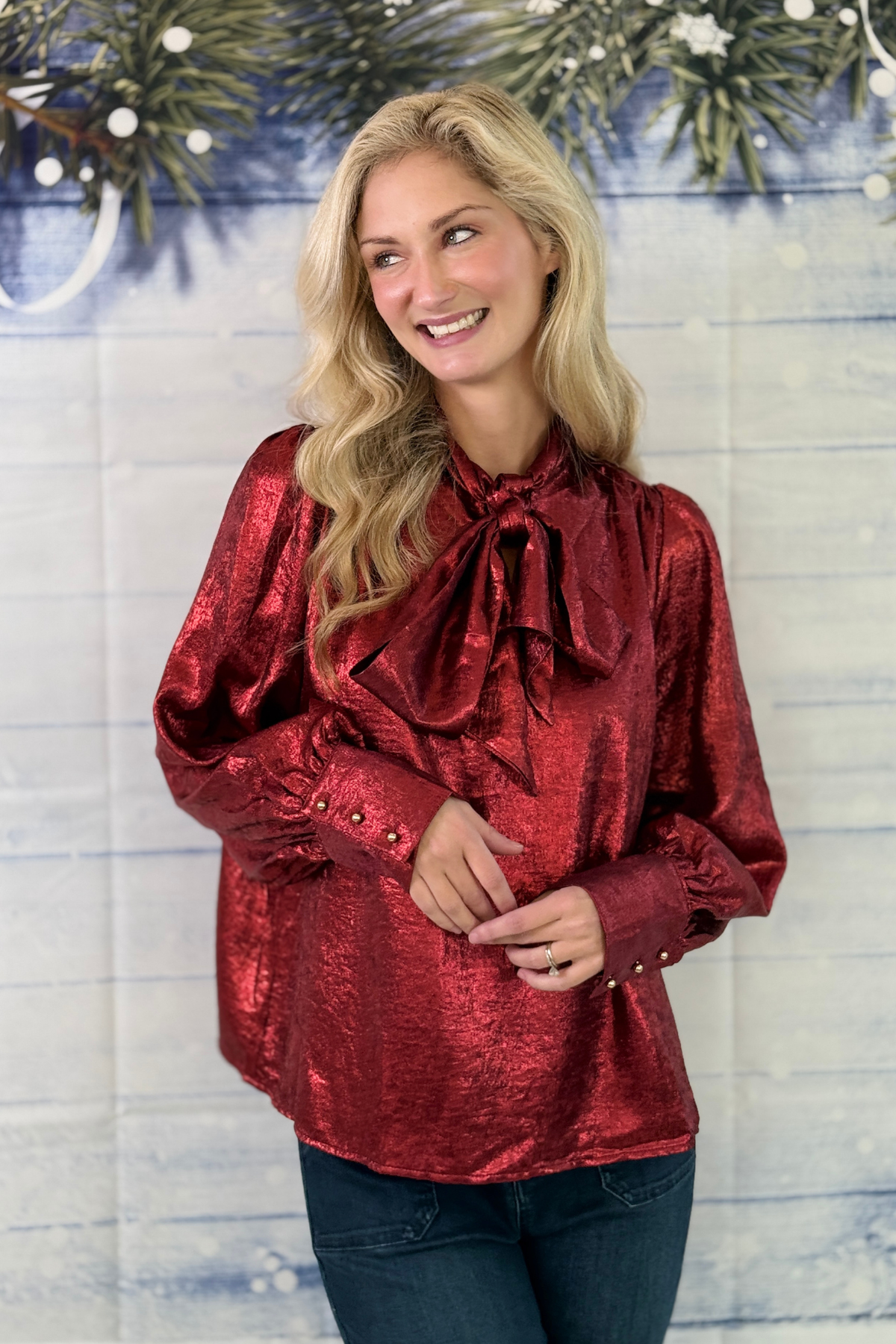 Red long sleeve holiday party blouse for women
