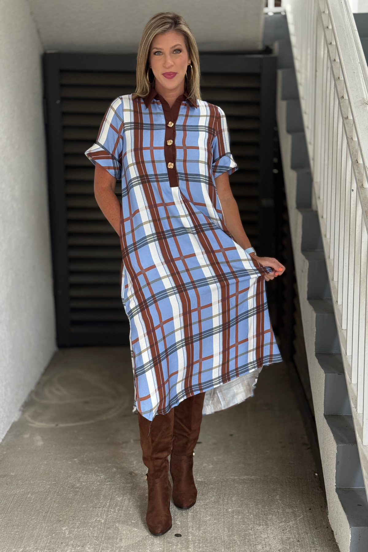 Chocolate Sky Plaid Midi Dress in blue and brown