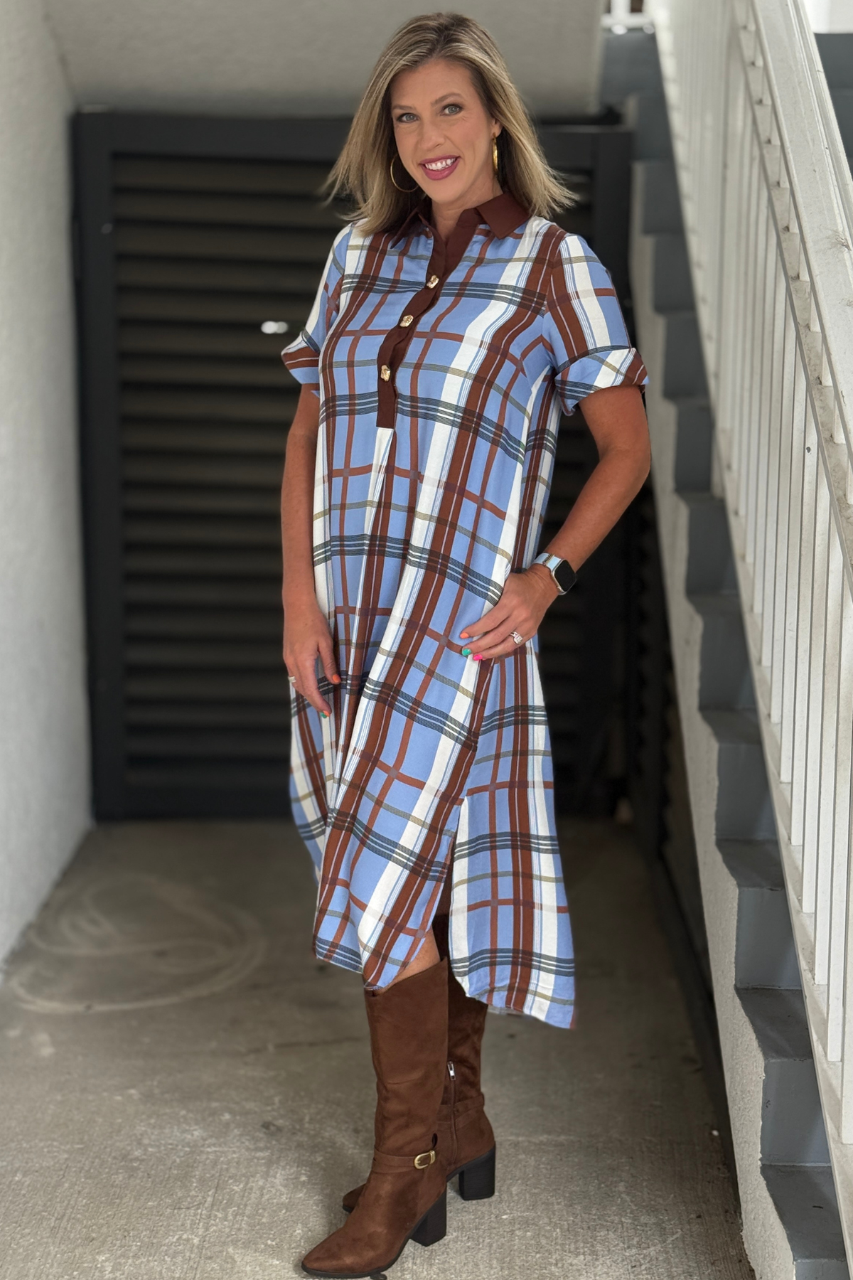 Blue and brown plaid midi dress with side slits