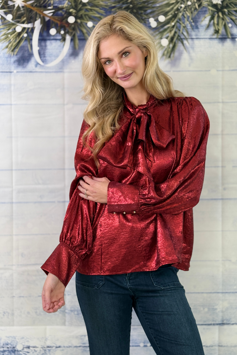 Women's metallic tie neck blouse for Christmas 2026